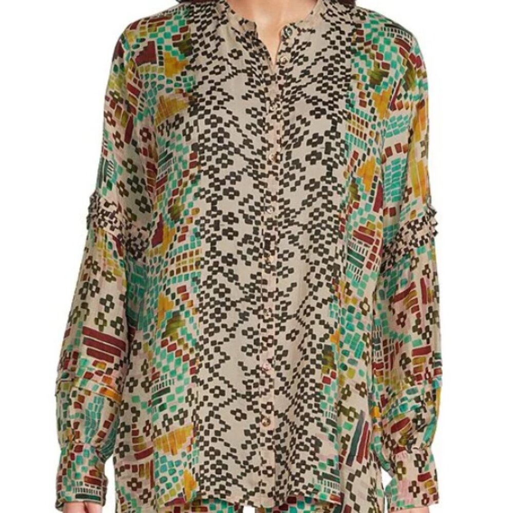 JOHNNY WAS Malina Printed Woven Banded Collar Long Sleeve Blouse XXL